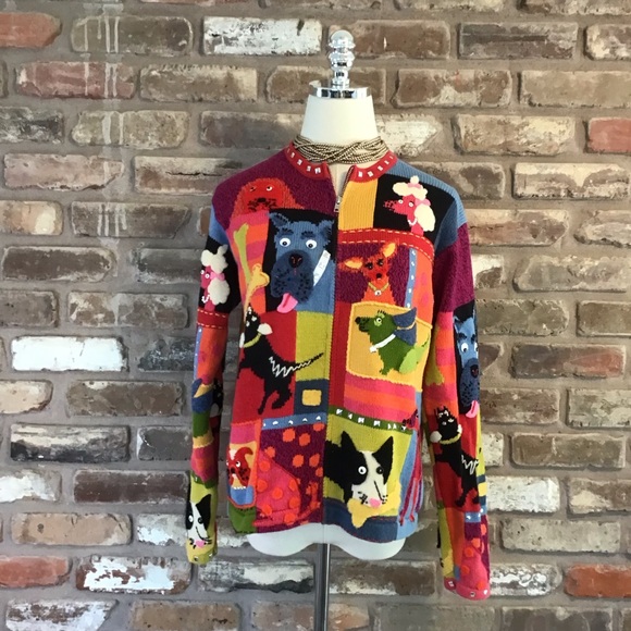 Susan Bristol Sweaters - SUSAN BRISTOL VTG Multicolor Dog Whimsy Colorblock Full Zip Cardigan Sweater M